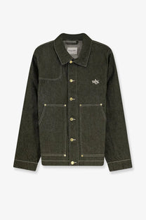Dark olive green walk in paris men’s carpenters denim jacket with contrasting stitching and gold-tone buttons