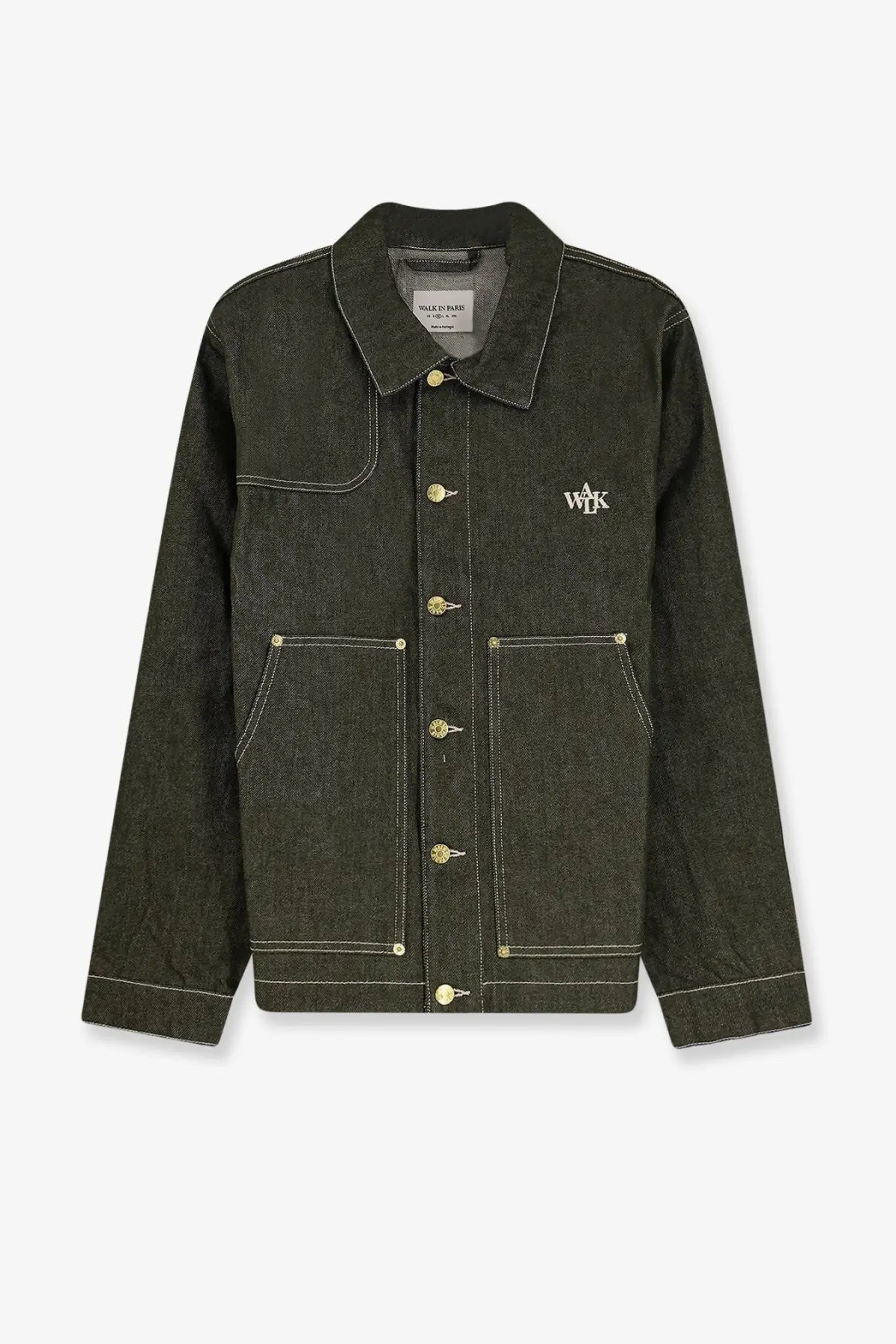 Walk in paris men’s carpenters green denim jacket in dark olive green with light stitching and gold-tone buttons