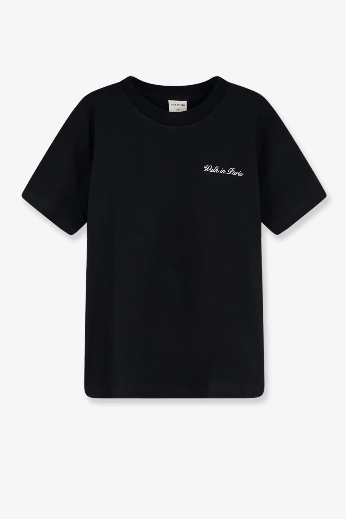 Walk in paris men’s black cotton short-sleeved t-shirt with white cursive embroidery on the left chest