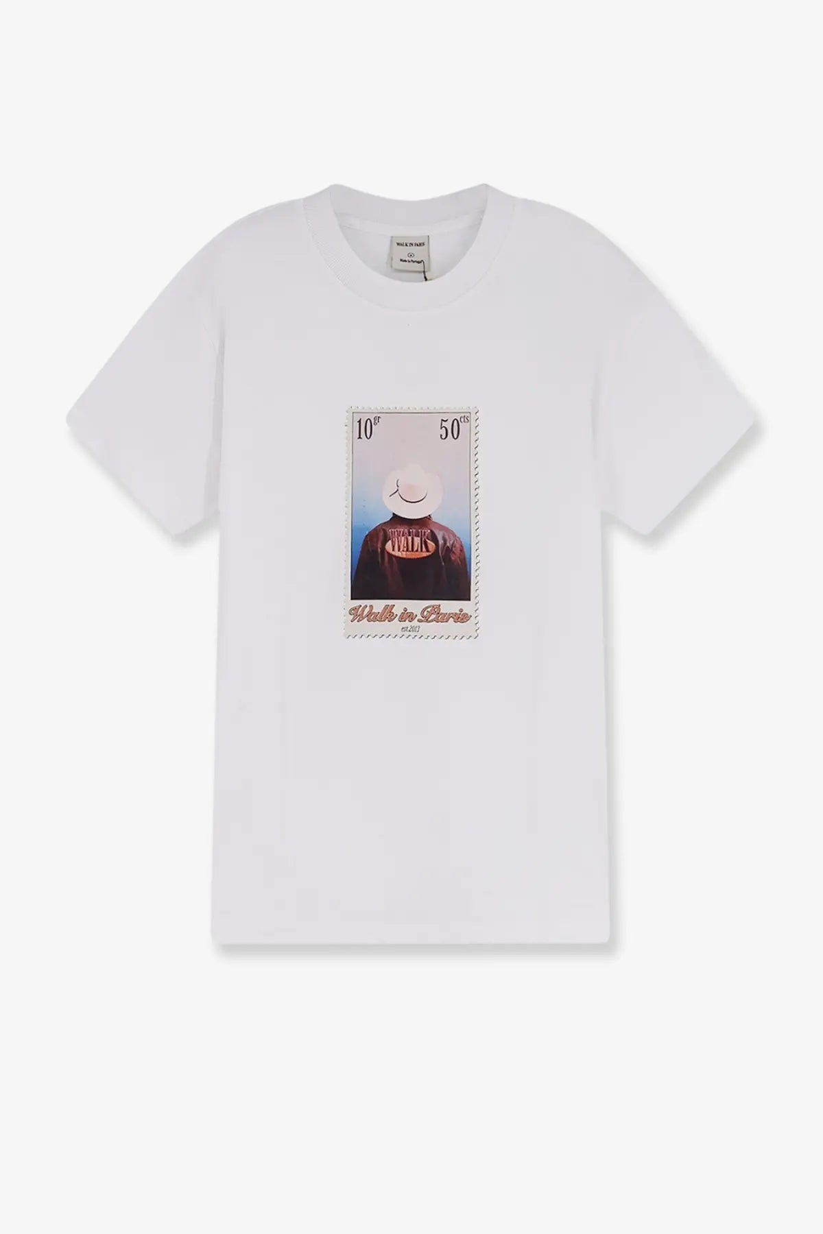 Walk In Paris men’s white cotton t-shirt with vintage postage stamp graphic and made in Paris text
