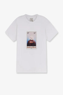 Walk In Paris men’s white cotton t-shirt with vintage postage stamp graphic and made in Paris text