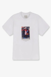 Walk in Paris men’s white cotton t-shirt featuring a vintage-style Seoul postage stamp graphic with bold lettering