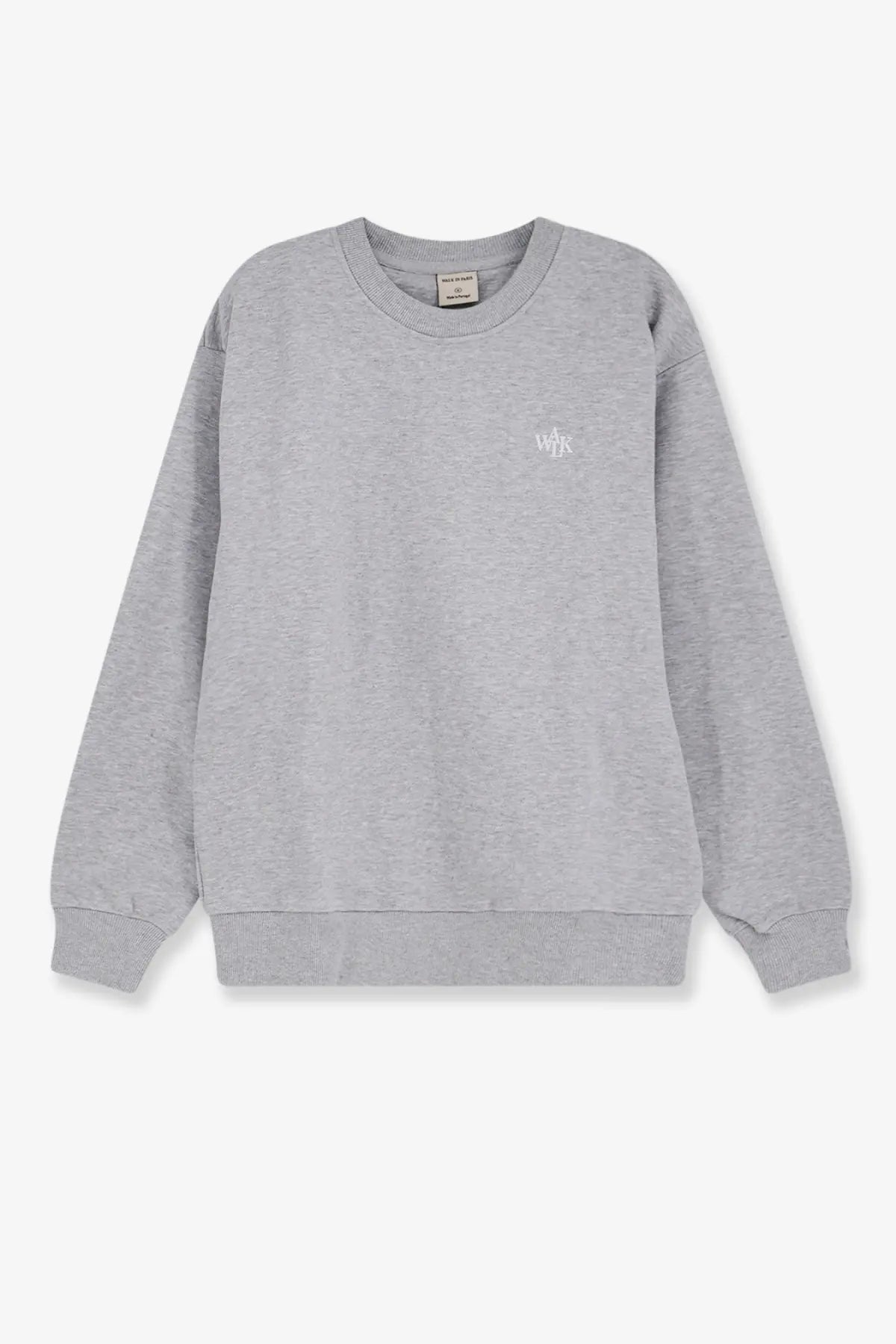 Gray heathered cotton sweatshirt for men with small white embroidered logo on left chest walk in paris design