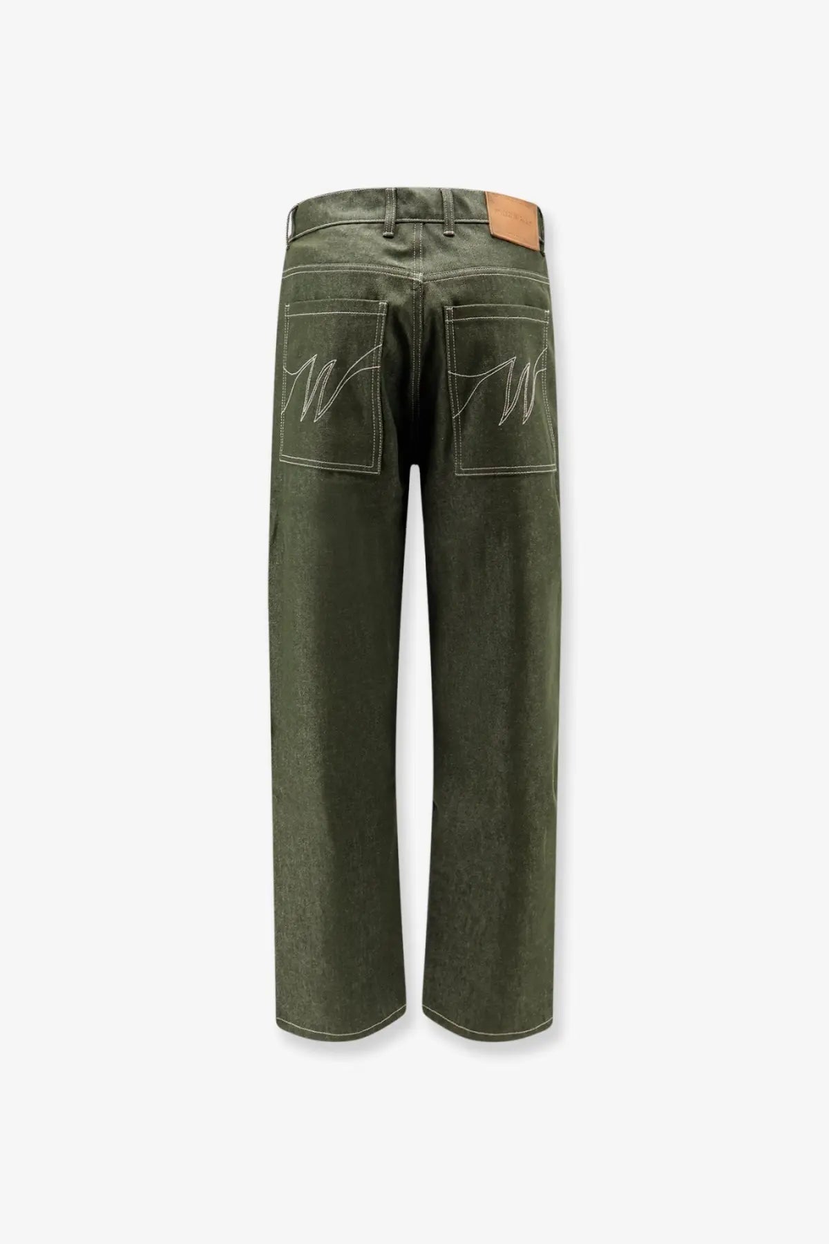 Back view of walk in paris men’s olive green double knee denim jeans with white embroidered w logos and tan leather patch