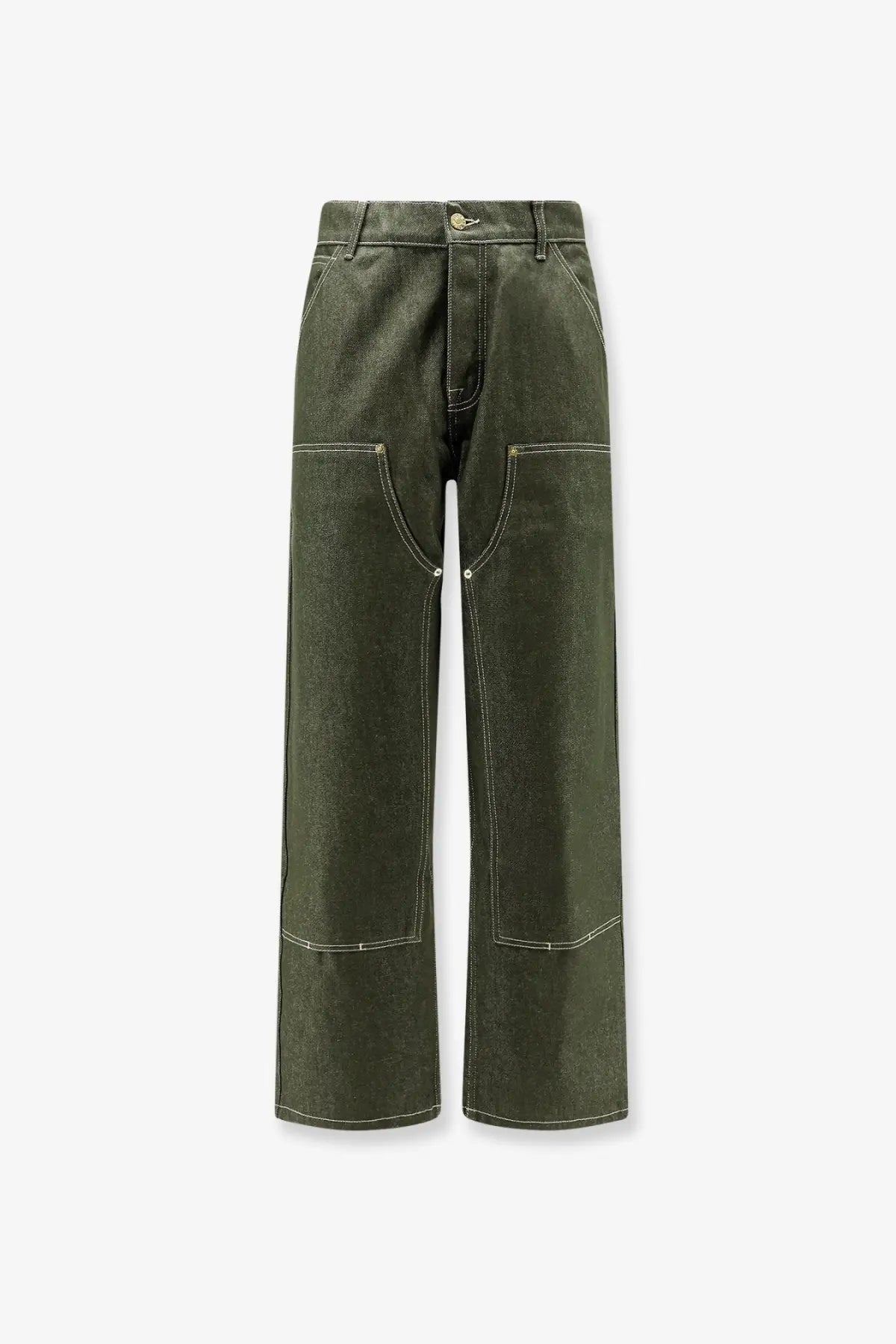 Walk in Paris men’s olive green wide-leg denim trousers with double knee white stitching and large patch pockets