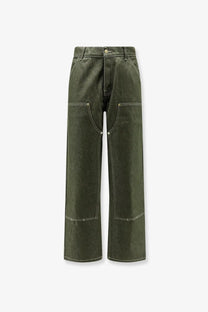Walk in Paris men’s olive green wide-leg denim trousers with double knee white stitching and large patch pockets