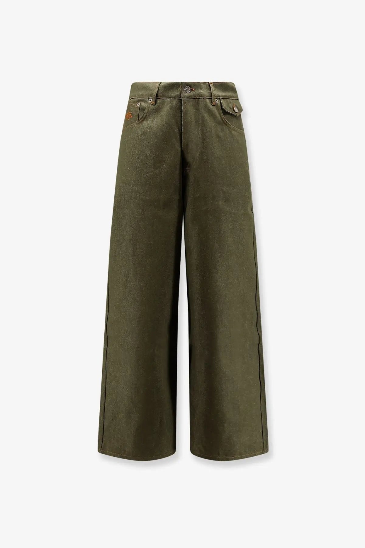 Olive green wide-leg denim trousers with relaxed fit and classic front pockets from walk in paris mens the gardeners collection