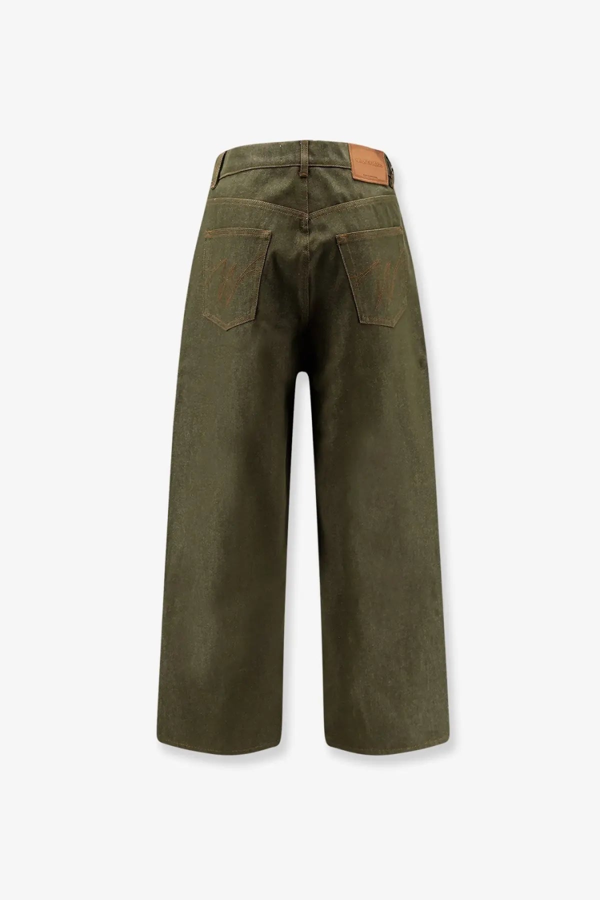 Olive green wide-leg denim trousers with a brown leather brand patch at the waistband walk in paris mens gardeners denim