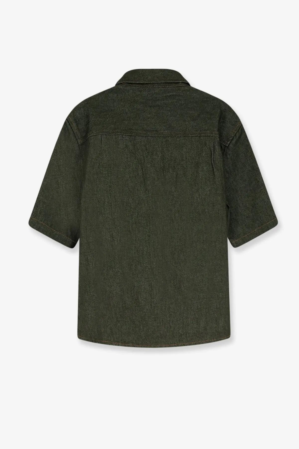 Walk in Paris men’s green denim shirt in dark olive green with short sleeves classic collar and straight hem