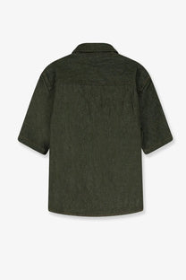 Walk in Paris men’s green denim shirt in dark olive green with short sleeves classic collar and straight hem