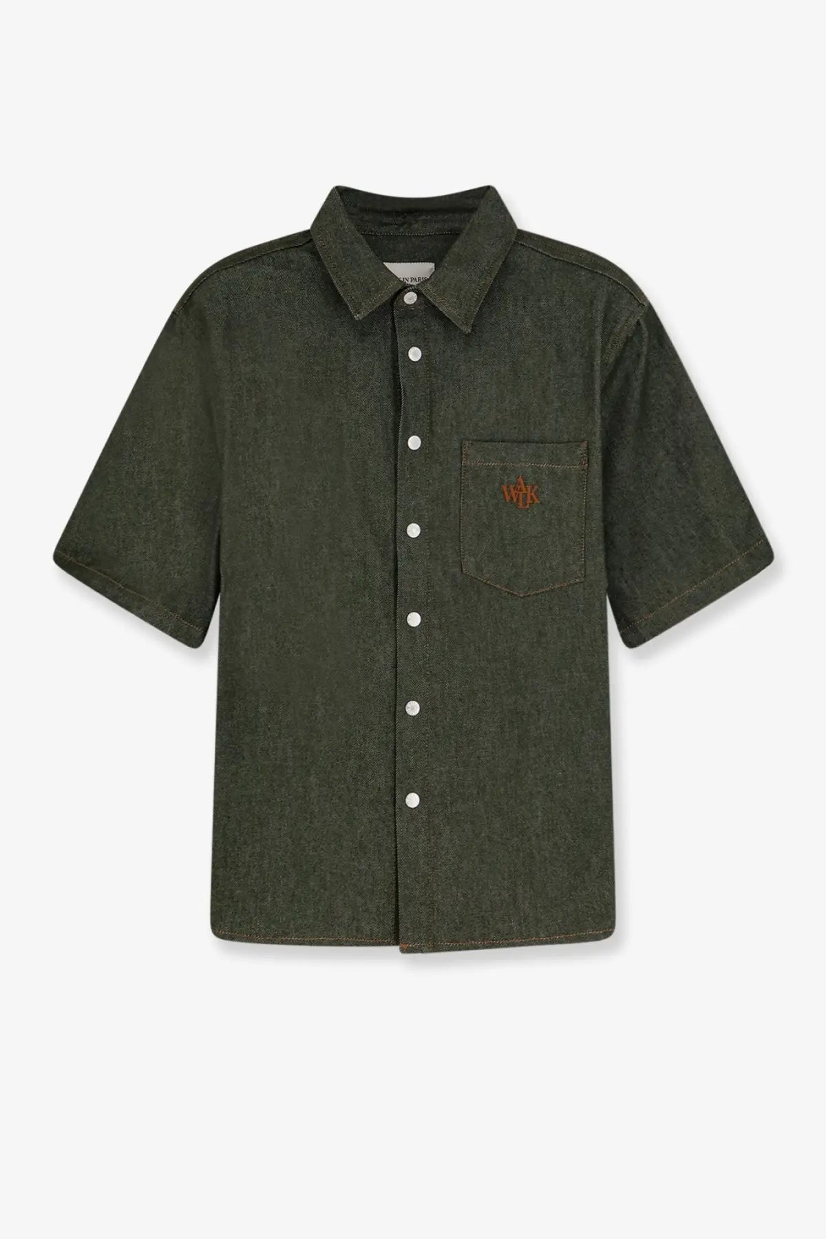Walk in Paris men’s dark olive green short-sleeved denim shirt with button-down front and chest pocket logo embroidery
