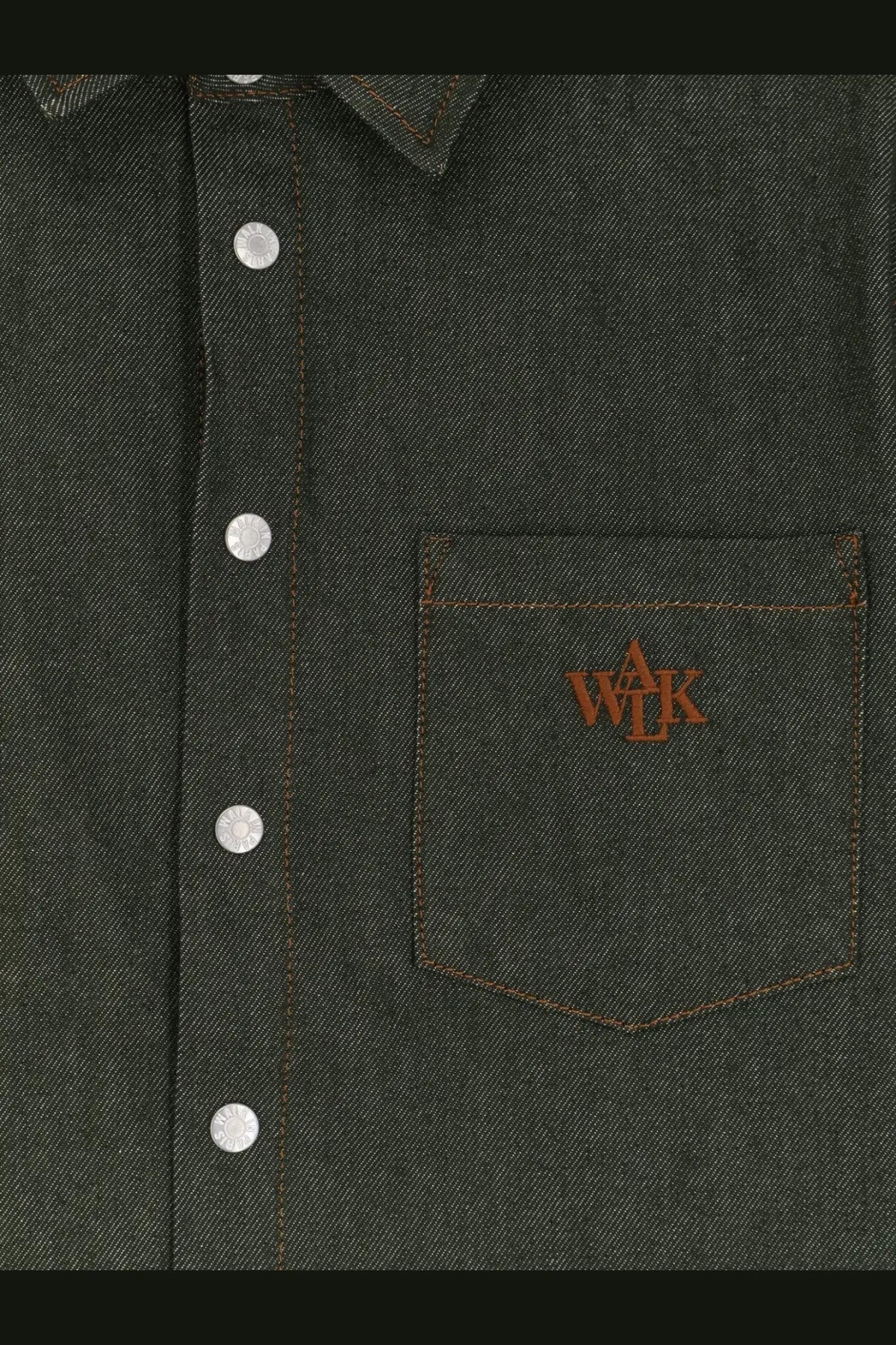 Walk in paris men’s green denim shirt with silver buttons and brown embroidered wjk logo on chest pocket