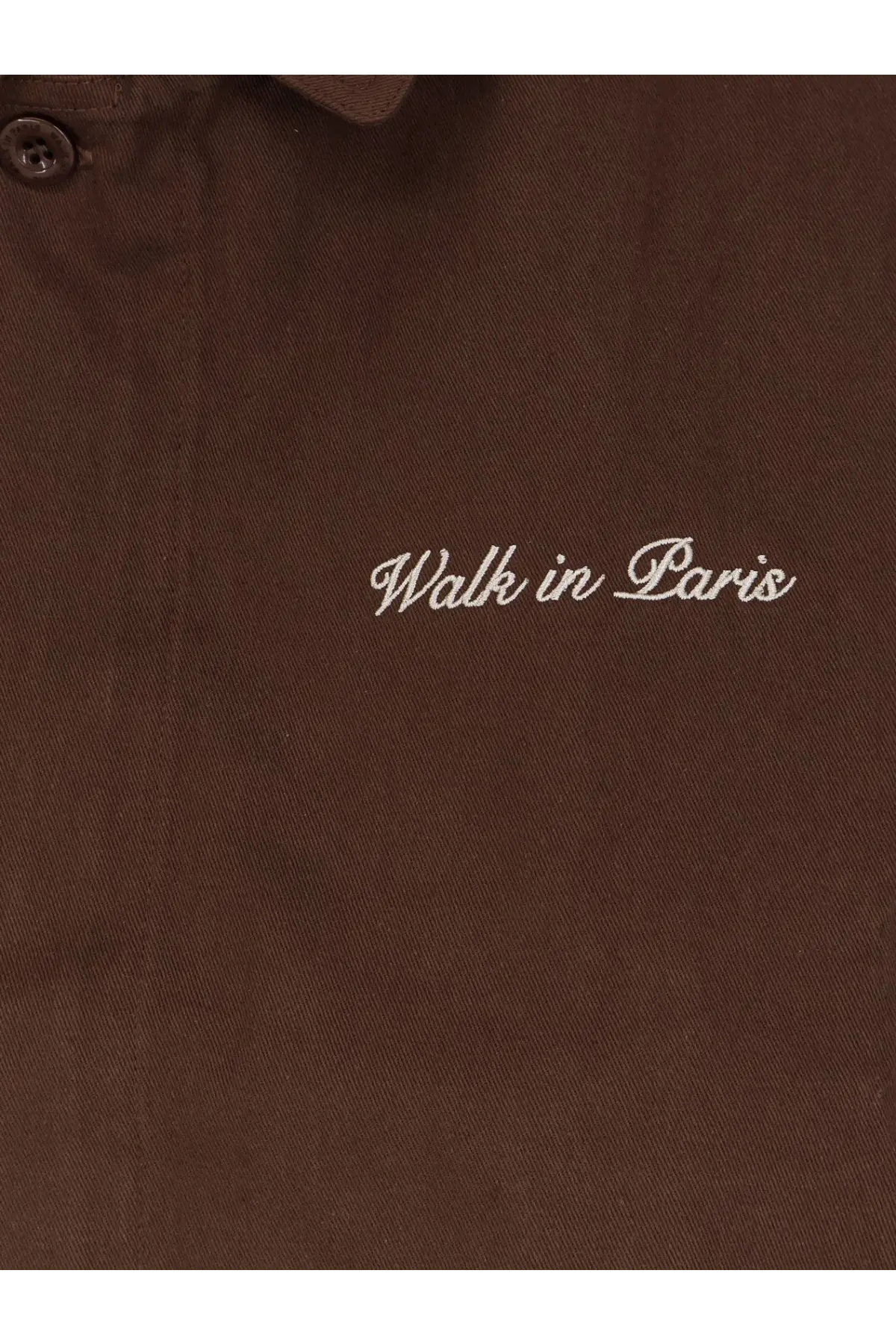 Brown heritage cotton jacket with white walk in paris embroidery on chest for men