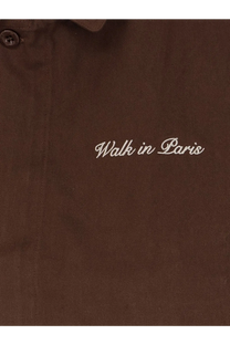 Brown heritage cotton jacket with white walk in paris embroidery on chest for men
