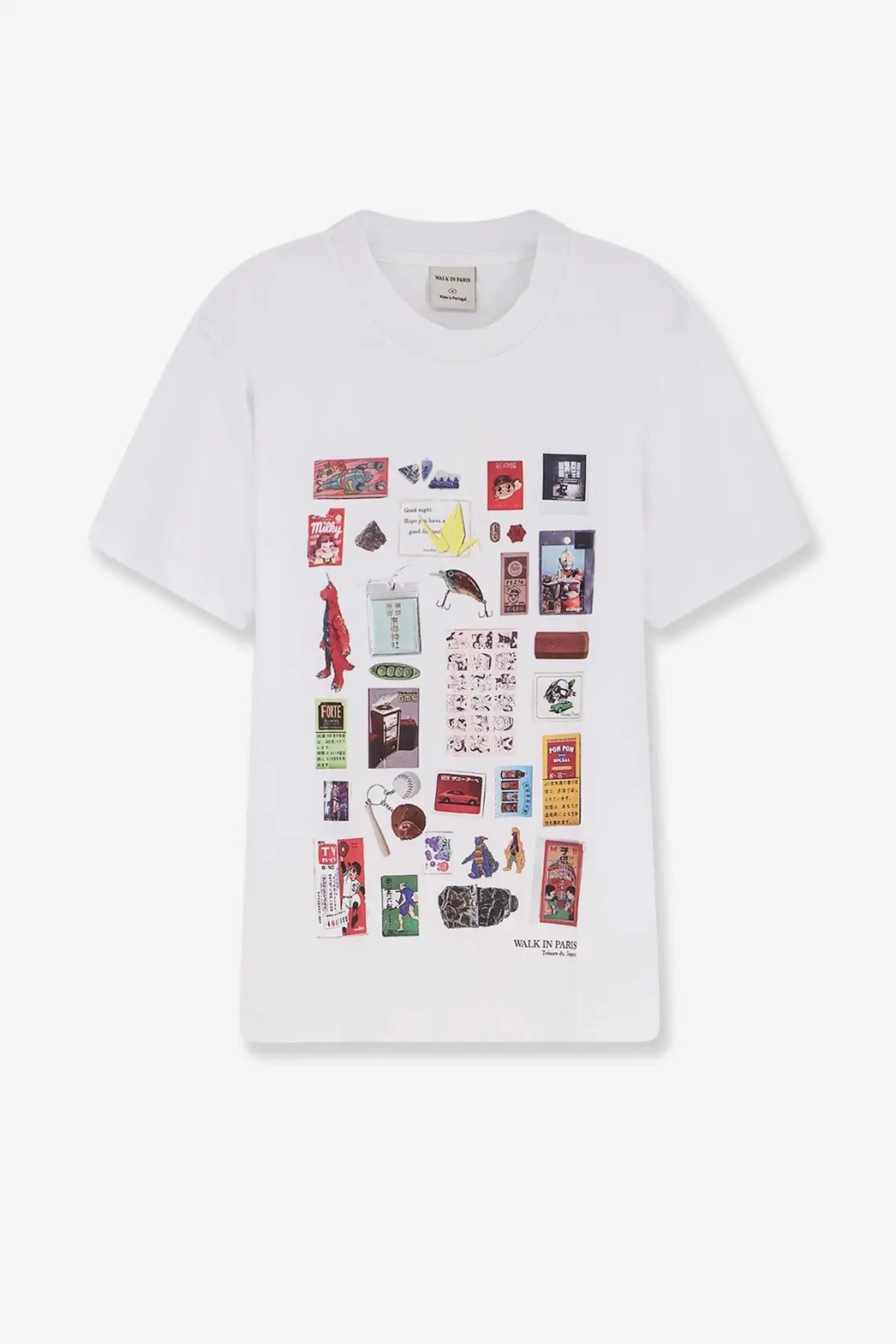 White cotton t-shirt from walk in paris featuring a vibrant collage print of vintage Japanese packaging and ephemera