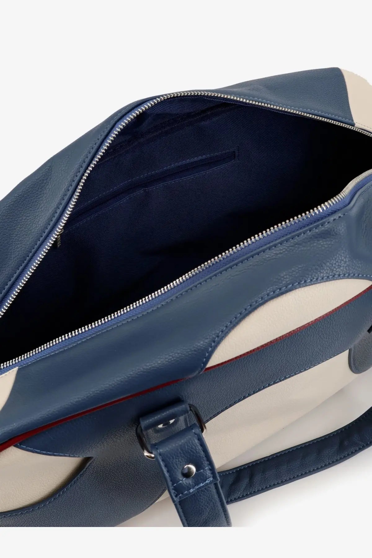 Walk In Paris men’s leather crossbody bag in blue and cream with a red accent stripe and leather duffel style design