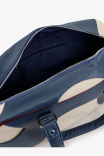 Walk In Paris men’s leather crossbody bag in blue and cream with a red accent stripe and leather duffel style design