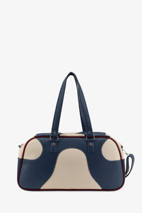 Walk in paris men’s leather crossbody bag blue in navy and beige two-tone leather with red trim and crossbody strap