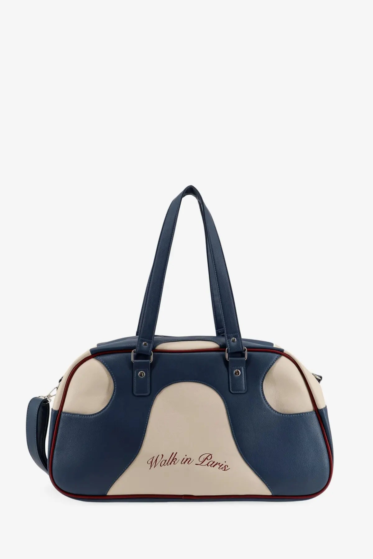 Navy blue and cream leather walk in paris men’s crossbody duffel bag with red embroidered script design