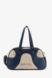 Navy blue and cream leather walk in paris men’s crossbody duffel bag with red embroidered script design