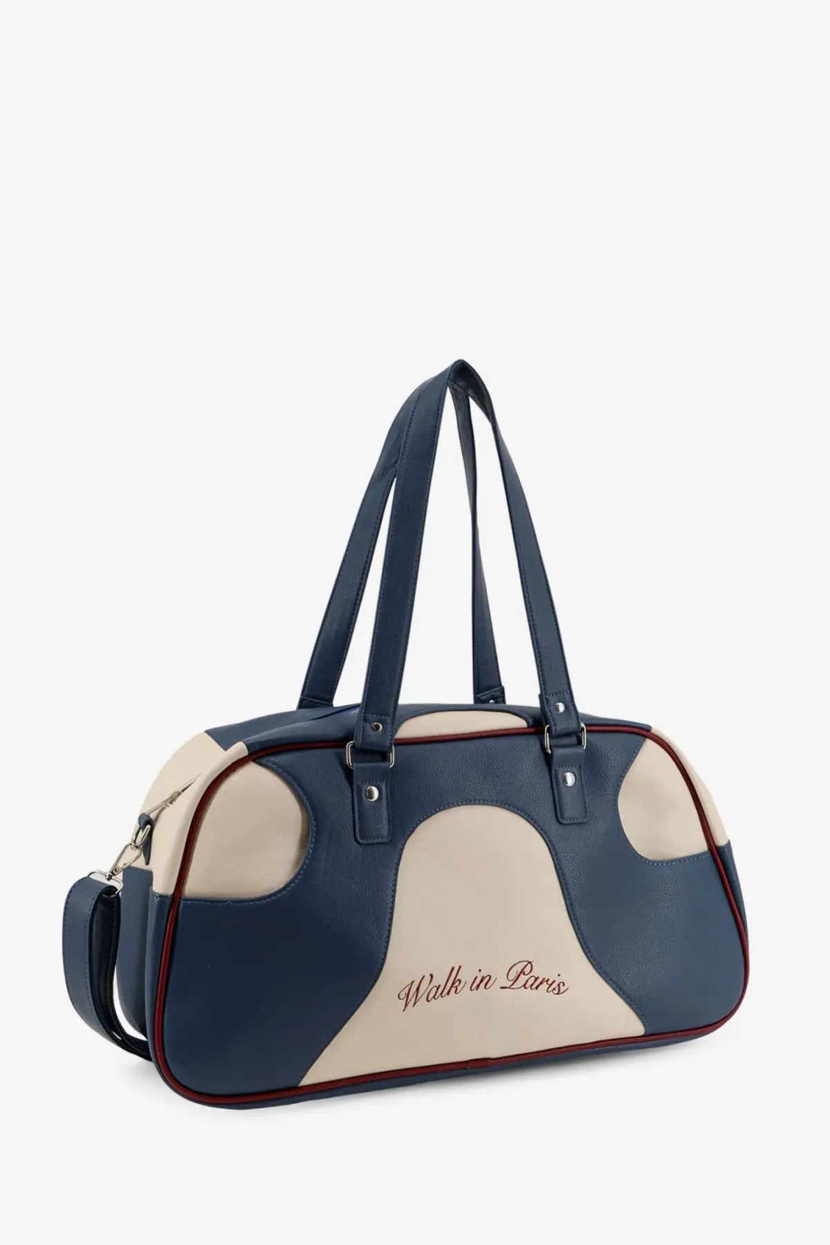 Navy blue and cream leather duffel bag with walk in Paris embroidered in red for men’s crossbody use