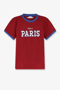 Red short-sleeved cotton t-shirt with blue collar trim and bold white walk in paris print for men