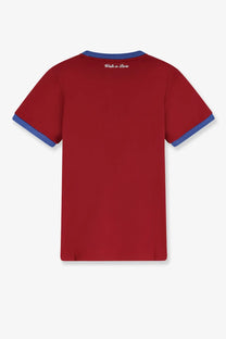 Walk in Paris men’s red cotton t-shirt with blue trim and made in Paris embroidery at the neckline