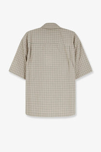 Beige and black checkered short-sleeved button-up madras cotton shirt for men by Walk In Paris