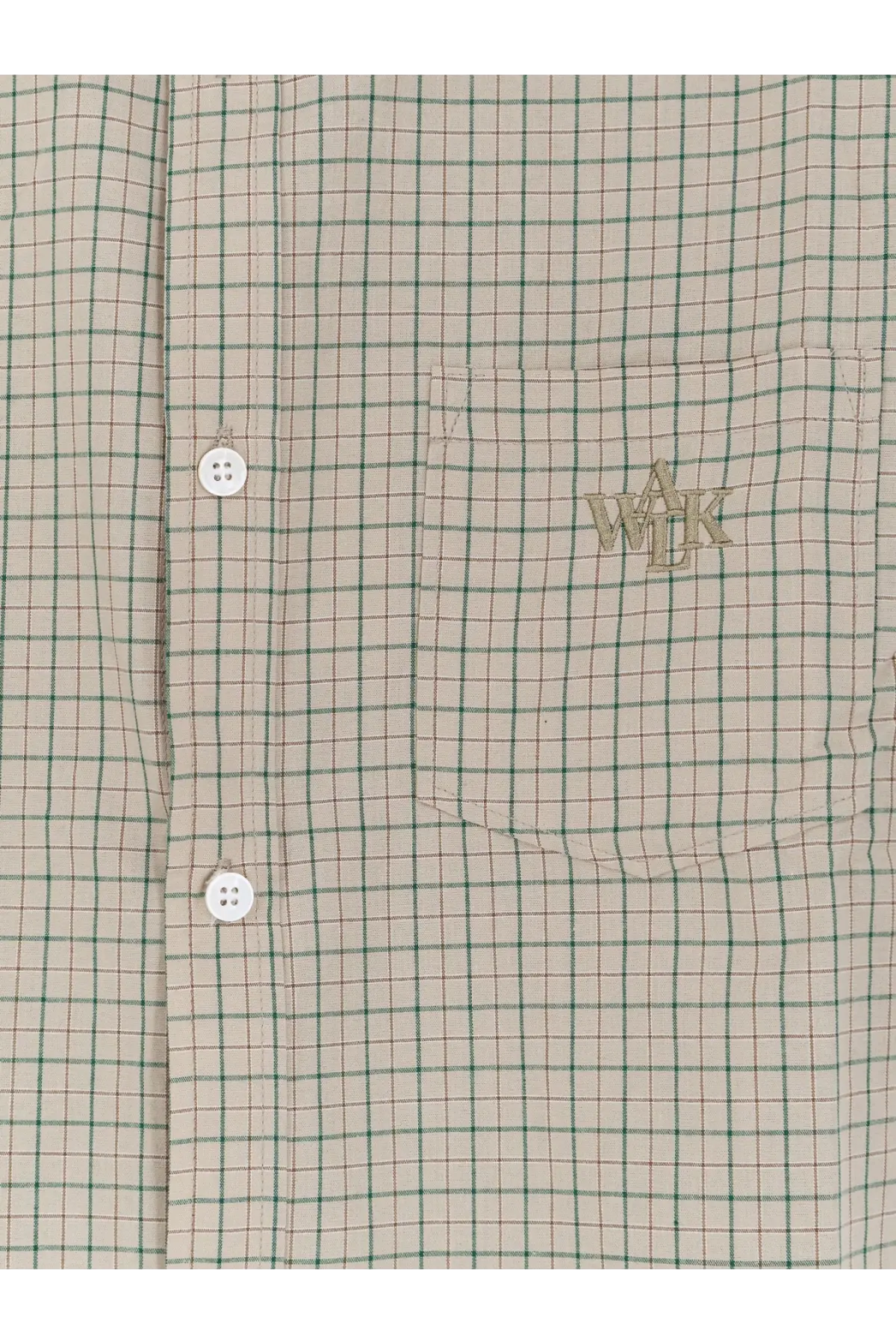Beige and green checkered madras cotton button down shirt with embroidered wj logo on chest pocket by Walk In Paris