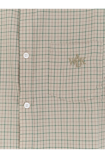 Beige and green checkered madras cotton button down shirt with embroidered wj logo on chest pocket by Walk In Paris