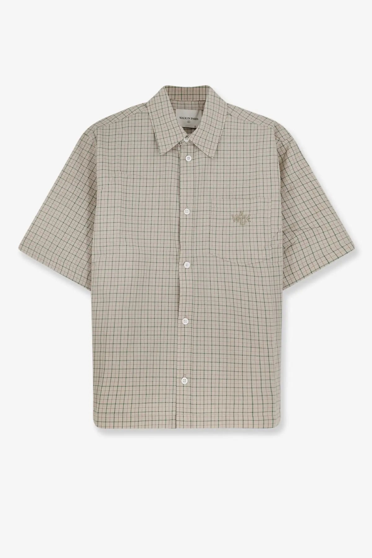 Walk in paris men’s madras cotton shirt beige short-sleeved button-up with black checkered pattern and chest embroidery