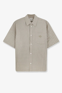 Walk in paris men’s madras cotton shirt beige short-sleeved button-up with black checkered pattern and chest embroidery