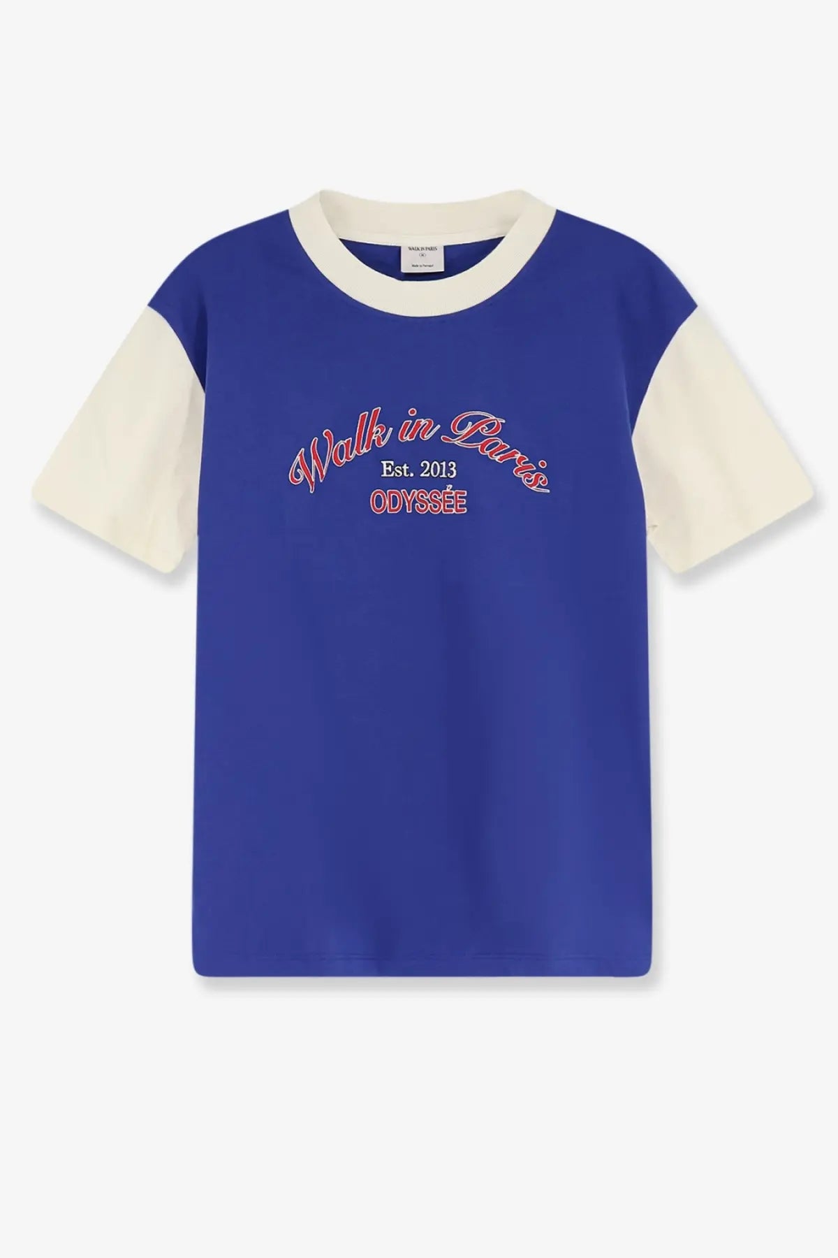 Walk in paris men’s odyssé cotton t-shirt in blue and cream colorblock with embroidered text across the chest