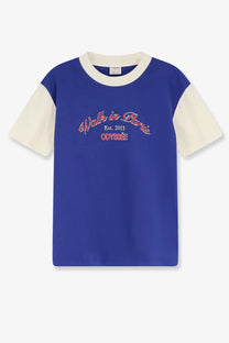 Walk in paris men’s odyssé cotton t-shirt in blue and cream colorblock with embroidered text across the chest