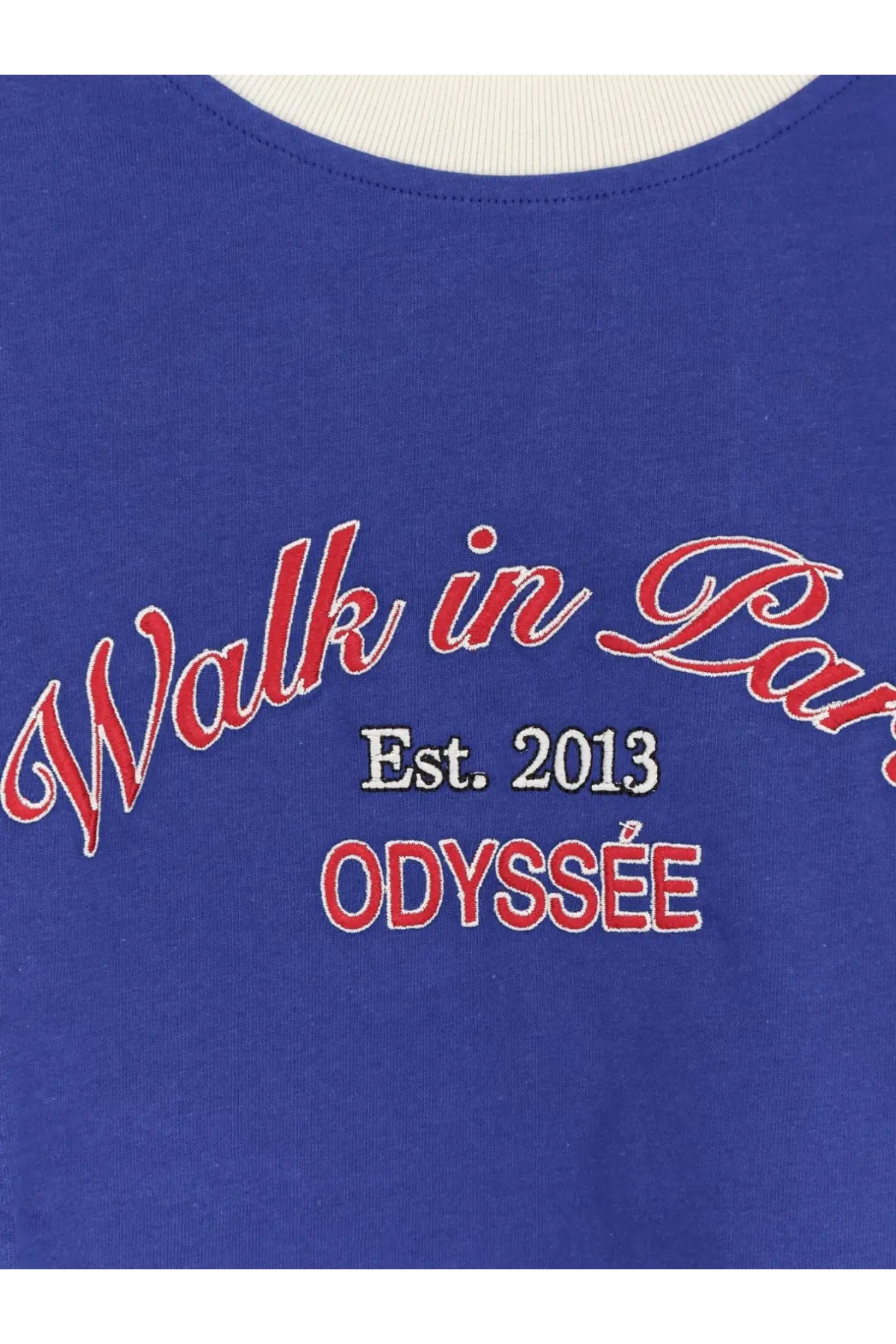 Royal blue cotton sweatshirt with embroidered red and white walk in Paris lettering for men