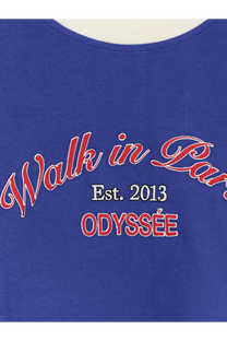 Royal blue cotton sweatshirt with embroidered red and white walk in Paris lettering for men