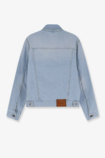 Light blue walk in paris men’s postman denim jacket with brown leather patch at waistband in blue denim