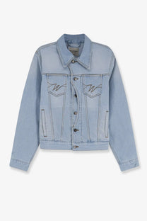 Light blue denim jacket with embroidered w logos on chest pockets from Walk In Paris men’s postman blue denim jacket