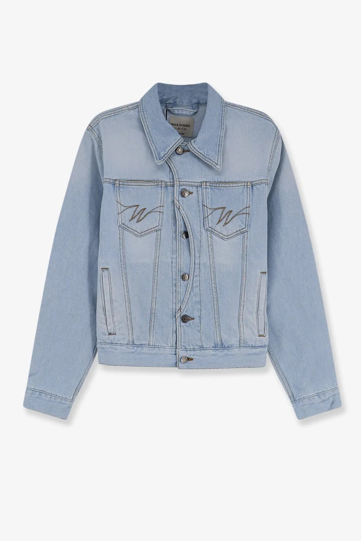 Walk In Paris men’s postman blue light blue denim jacket with embroidered w logos on chest pockets