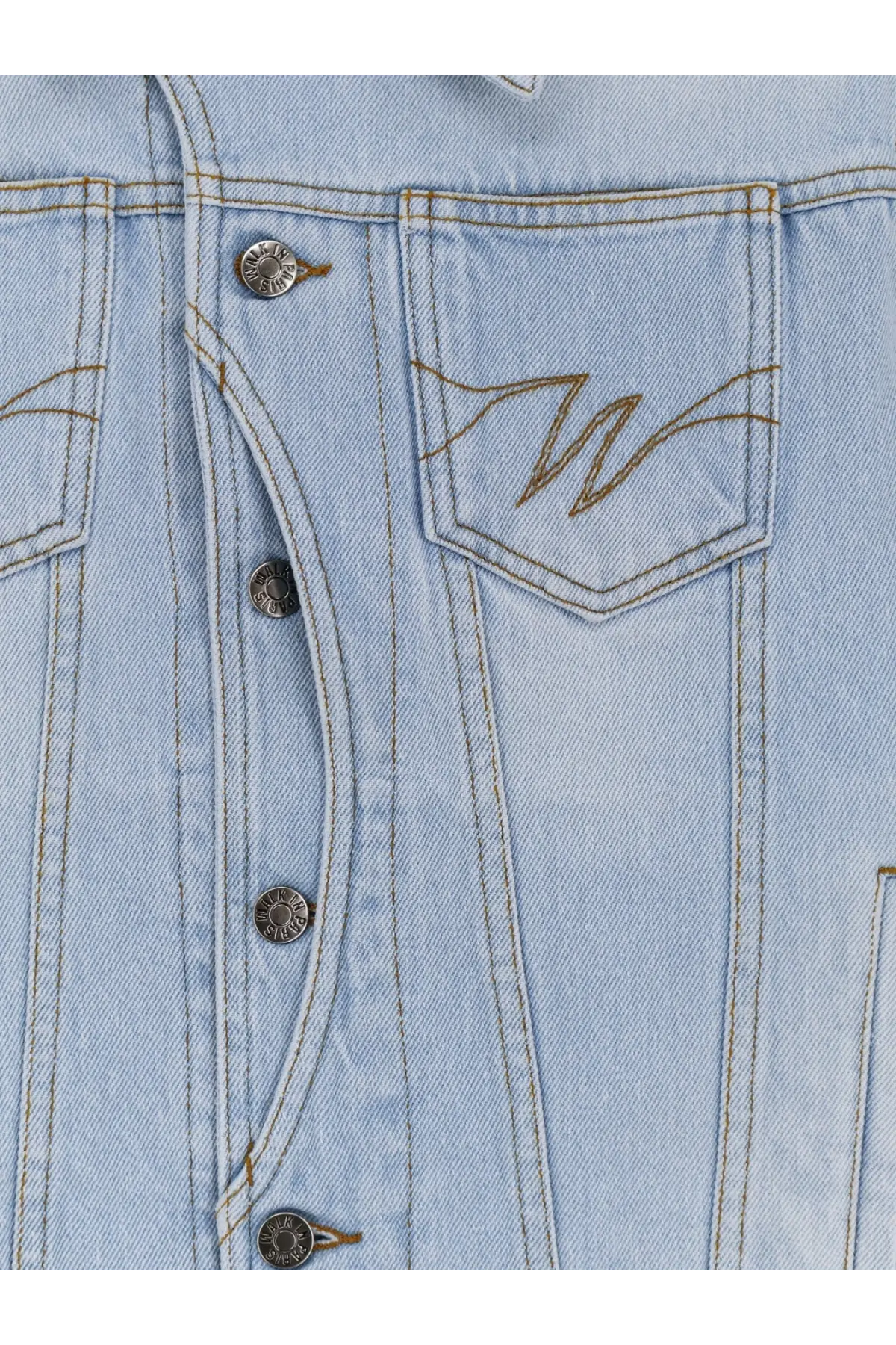 Light blue walk in paris men’s denim jacket with silver buttons and stitched w logo on chest pocket