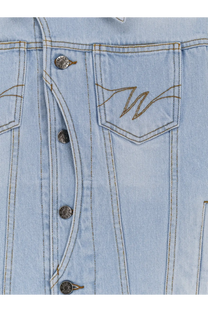 Light blue walk in paris men’s denim jacket with silver buttons and stitched w logo on chest pocket