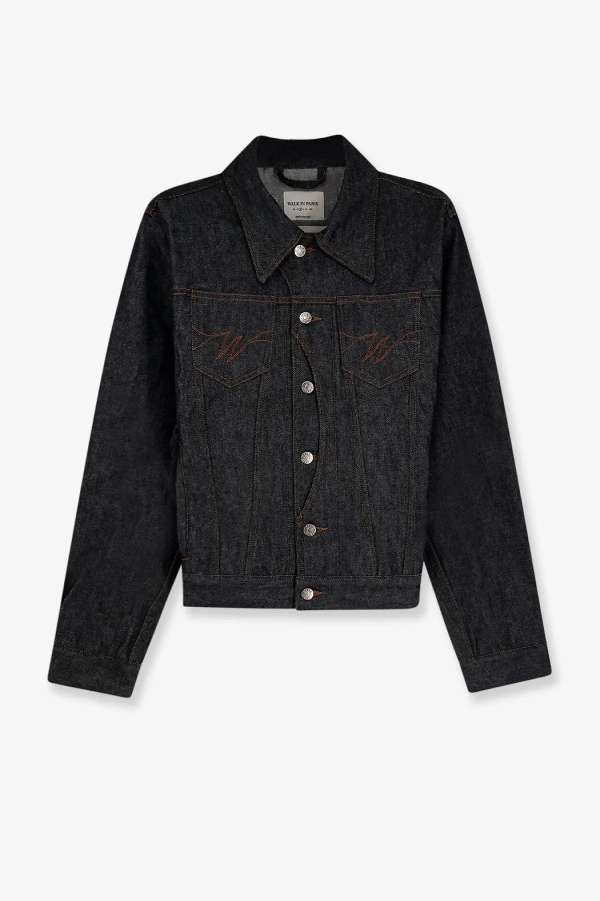 Walk in paris men’s postman dark indigo denim jacket with subtle red embroidered w logos on chest pockets