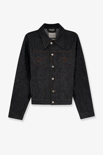 Walk in paris men’s postman dark indigo denim jacket with subtle red embroidered w logos on chest pockets