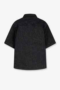 Walk in Paris men’s raw denim shirt in black with short sleeves classic collar and subtle textured fabric