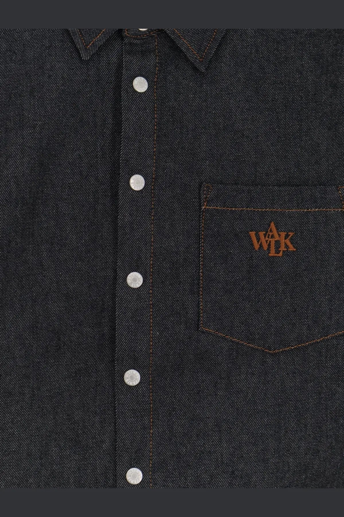Walk in paris men’s raw denim shirt blue featuring dark denim fabric silver buttons and brown embroidered chest logo