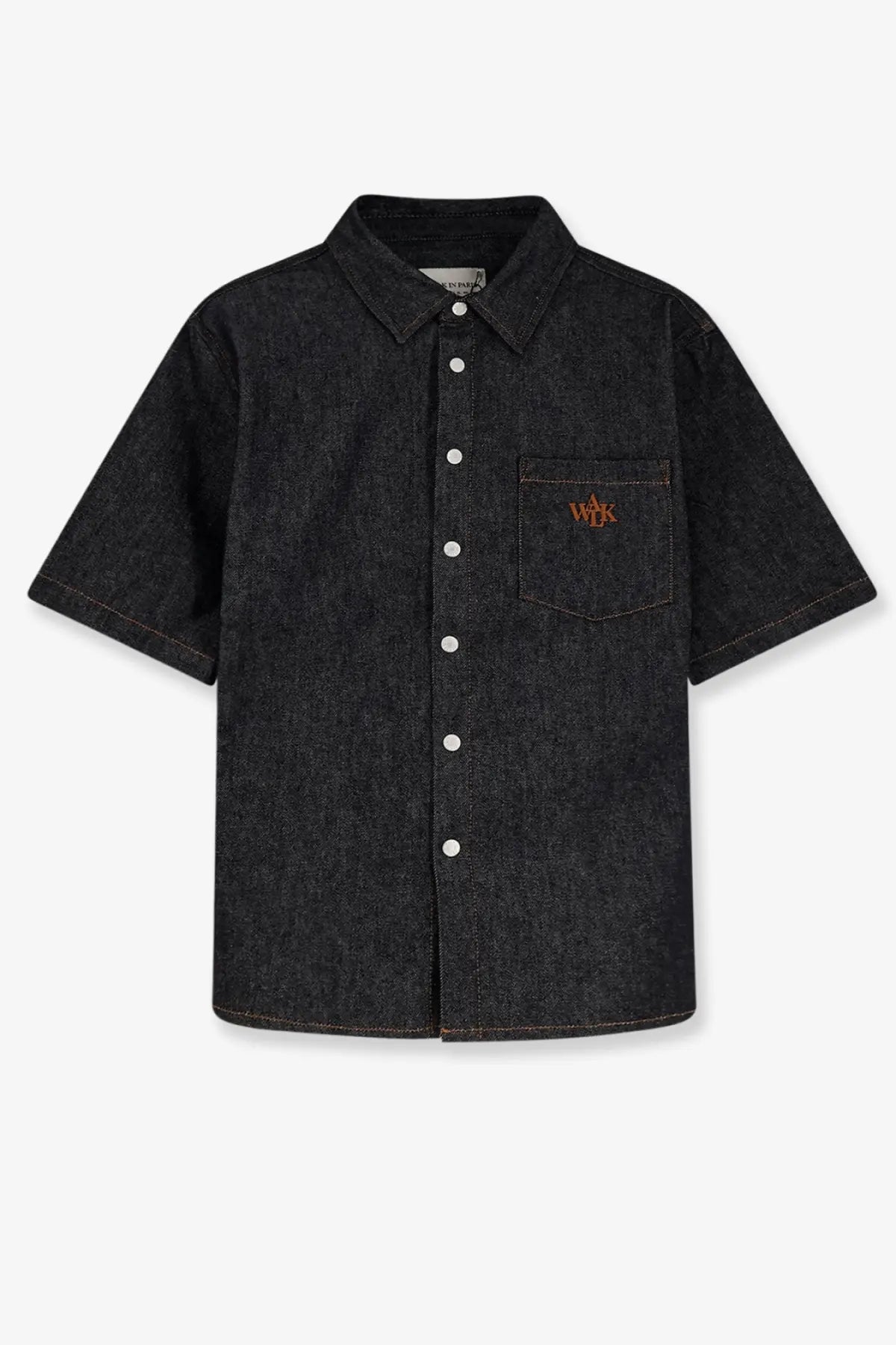 Walk in paris men’s raw denim shirt in dark blue with short sleeves, white buttons, textured weave, and orange logo on pocket