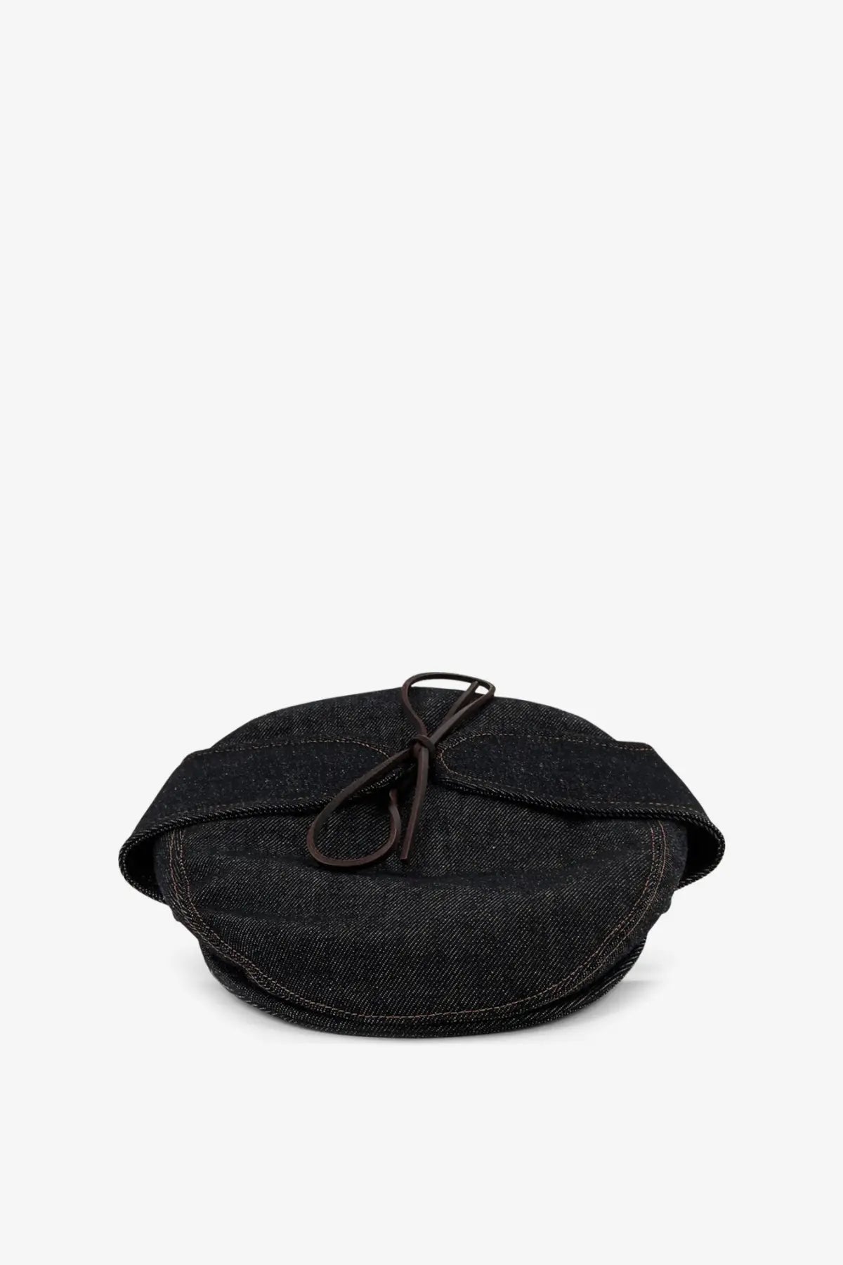 Black denim sherlock hat with tied leather strap in blue from walk in paris mens raw denim collection
