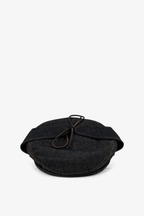 Black denim sherlock hat with tied leather strap in blue from walk in paris mens raw denim collection