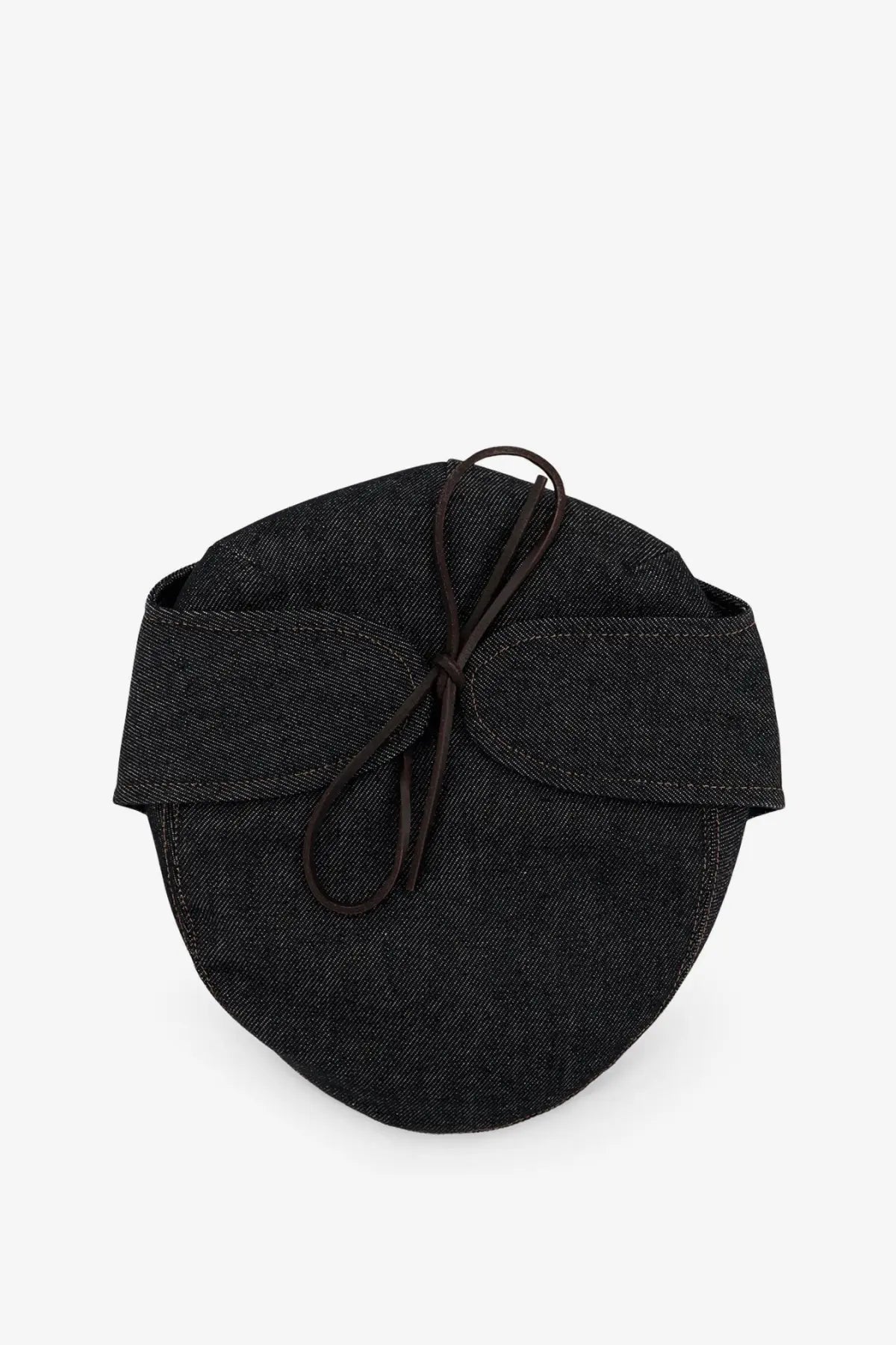 Black denim face mask with tied cord closure shown with walk in paris men’s sherlock raw denim hat blue