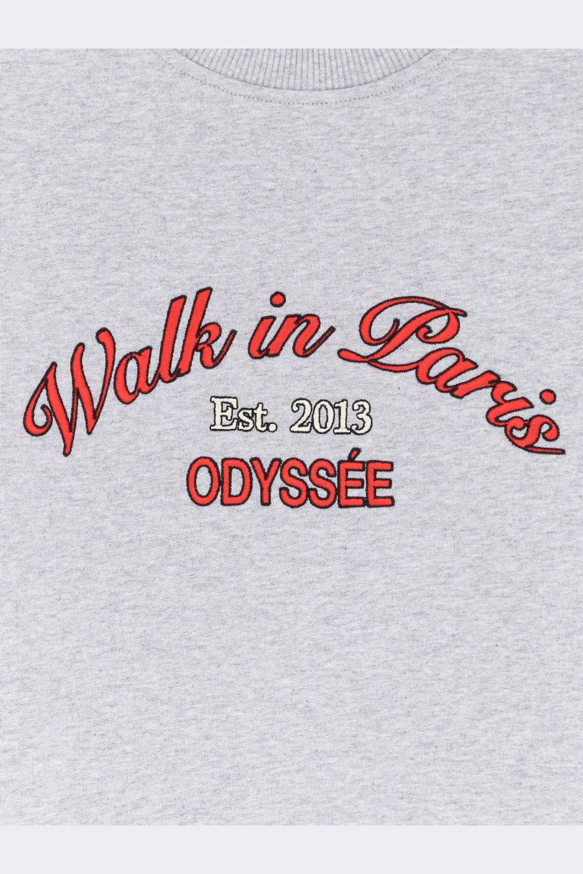 Gray heathered sweatshirt with red and black embroidered walk in paris text est in walk in paris men’s sweatshirt grey